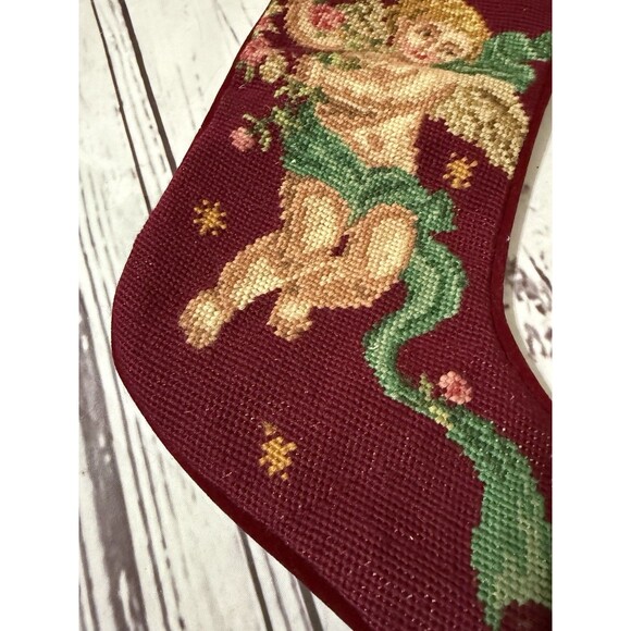 1991 Imperial Elegance Needlepoint Christmas Stocking Angel Cherub Burgundy Vtg - Picture 5 of 7